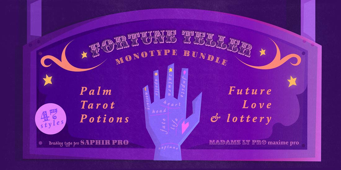 A colorful illustration features a purple and pink sign with a mystical theme, reading 