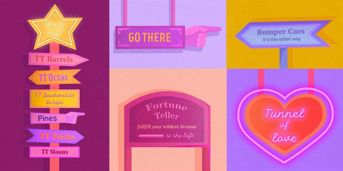 Colorful riso print illustrations by a motion designer from Utrecht bring vibrant amusement park attraction signs to life. Left: various ride names and directions. Middle: 