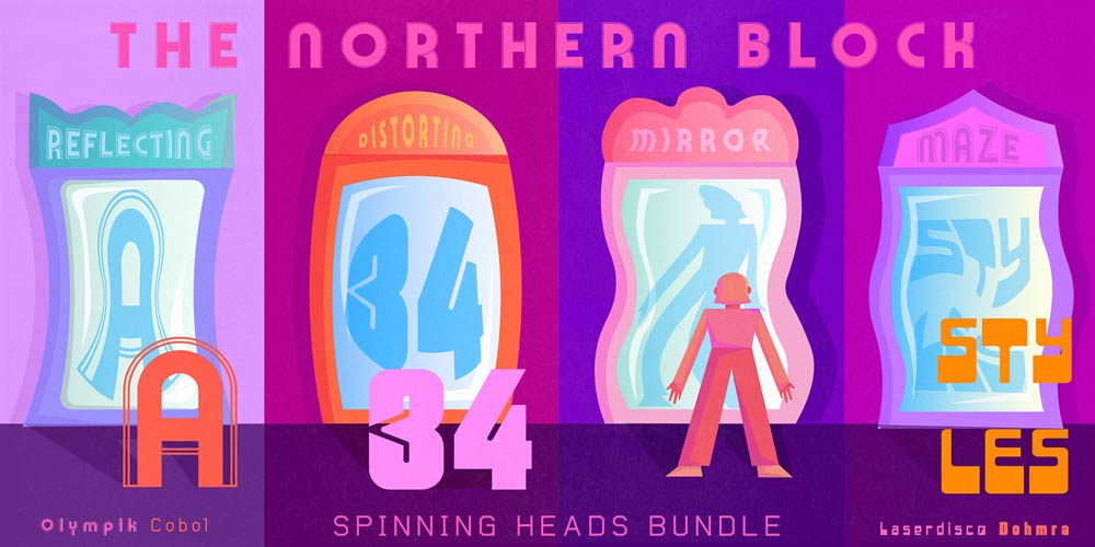Colorful promotional image inspired by riso print techniques, featuring abstract designs of four fonts: Reflecting A, Distorting 34, Mirror, and Maze Styles. Created by an illustrator & motion designer from Utrecht, it includes The Northern Block logo and 
