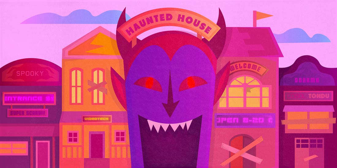 Illustration of a vibrant colorful haunted house attraction with a large, grinning demon face as the entrance, crafted by a riso print illustrator from Utrecht. Surrounding buildings have signs saying 