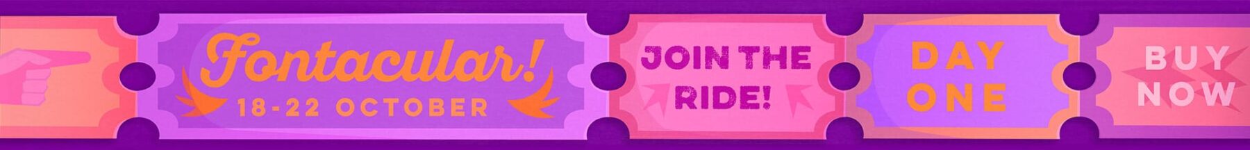 Vibrantly designed event tickets on a purple backdrop feature text: 