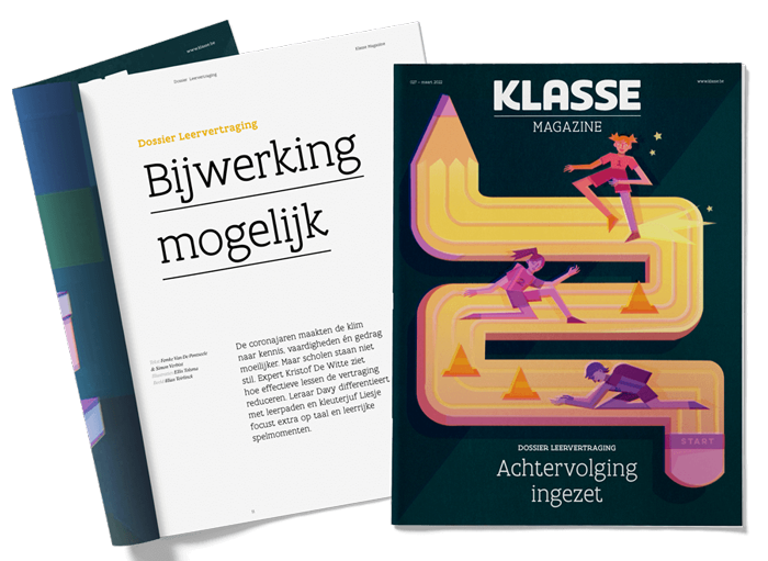 Cover of Klasse Magazine featuring an illustrator's depiction of figures on a winding path with arrows, capturing dynamic movement. The text reads 