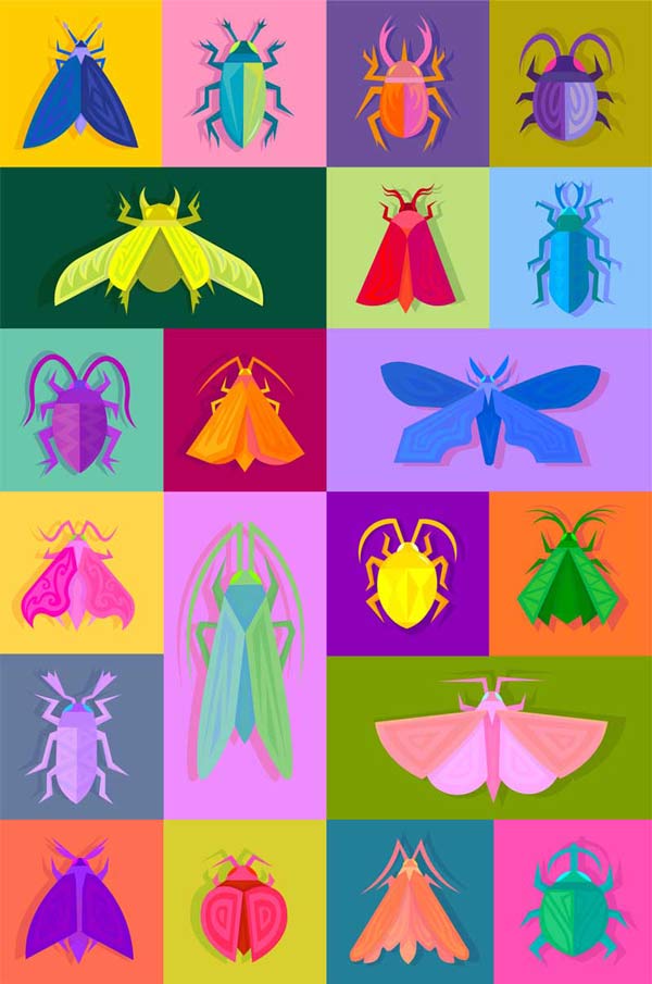 A colorful illustration, reminiscent of riso prints, features various stylized insects. Each insect is uniquely designed and positioned within a grid of vibrant squares in contrasting colors, showcasing their diverse shapes and patterns, appealing to any motion designer's eye for detail.