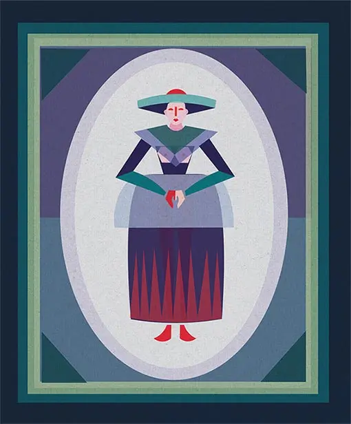 Frisian traditional clothing illustration with blue colours and graphic, geometric shapes