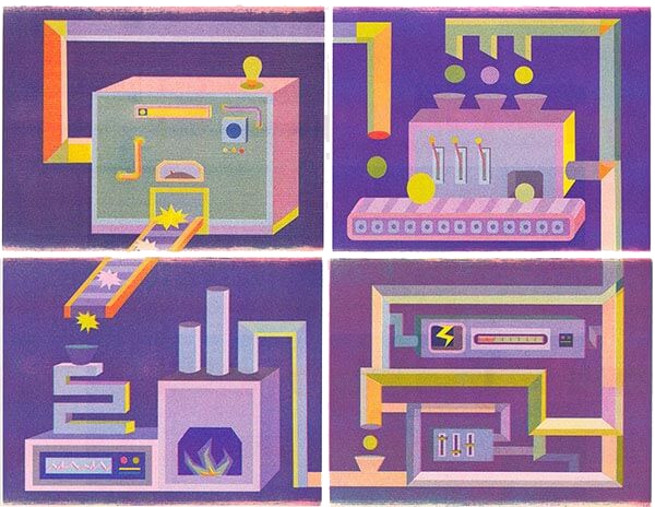 A vibrant riso-style illustration depicts a factory assembly process with four sections: a machine adorned with levers, a conveyor belt showcasing three objects, a smoking chimney crowned with a flame, and an intricate control panel featuring various switches and a prominent lightning symbol.
