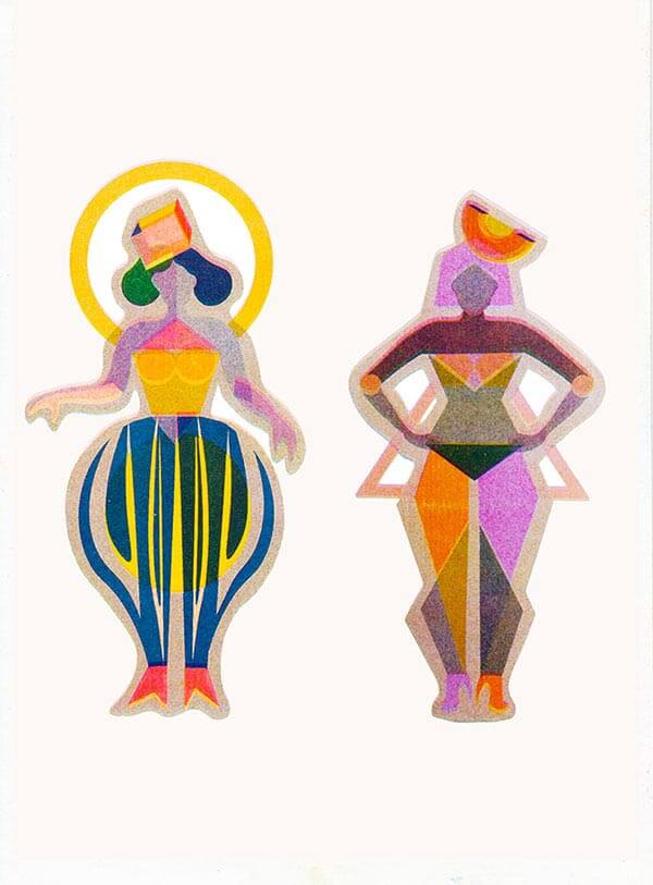 Two abstract figures crafted by a Utrecht illustrator boast geometric shapes and vibrant colors: one features rounded traits with a halo-like circle, while the other displays angular elements topped with a small hat. The plain background accentuates the colorful, bold designs of these striking figures.