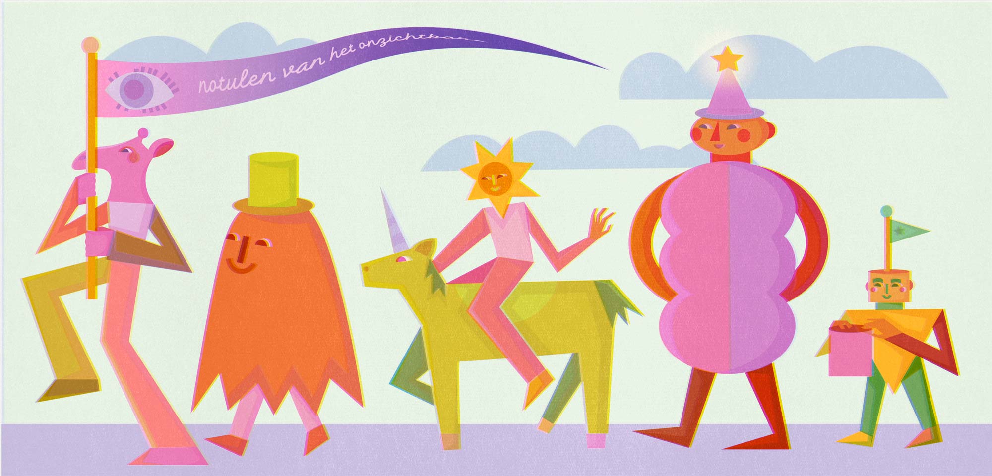 A whimsical illustration captures colorful, abstract characters: a flag bearer with an eye symbol, a top-hatted entity, and a person with a sun head atop a unicorn in motion. Amidst them, a bulbous figure sports a party hat and joins the small flag bearer against Utrecht's cloudy sky, perfect for print.