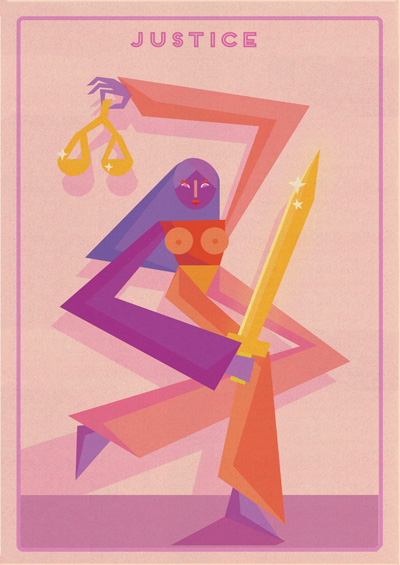 Abstract illustration of a figure representing justice, crafted by a talented motion designer. The colorful figure holds scales in one hand and a sword in the other, using geometric shapes and a vibrant pink, purple, and orange palette. 