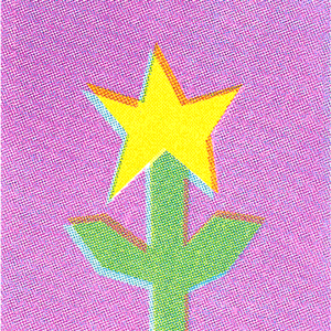 A pixelated image of a stylized flower with a yellow star-shaped blossom and green stem, reminiscent of an illustrator's riso print, set against a purple background.