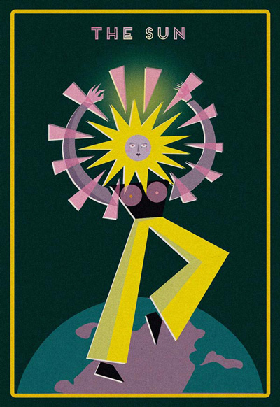 A vibrant riso print featuring an abstract figure with a radiant sun for a head, standing on a colorful shape. The figure's elongated limbs emit rays of light. The dark green background prominently displays 